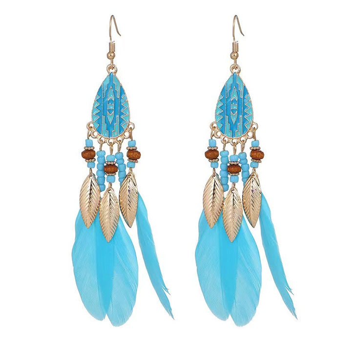 Wholesale Sense Advanced Ethnic Style Earrings Women's Retro Elegant Long Blue Feather Tassel Earrings