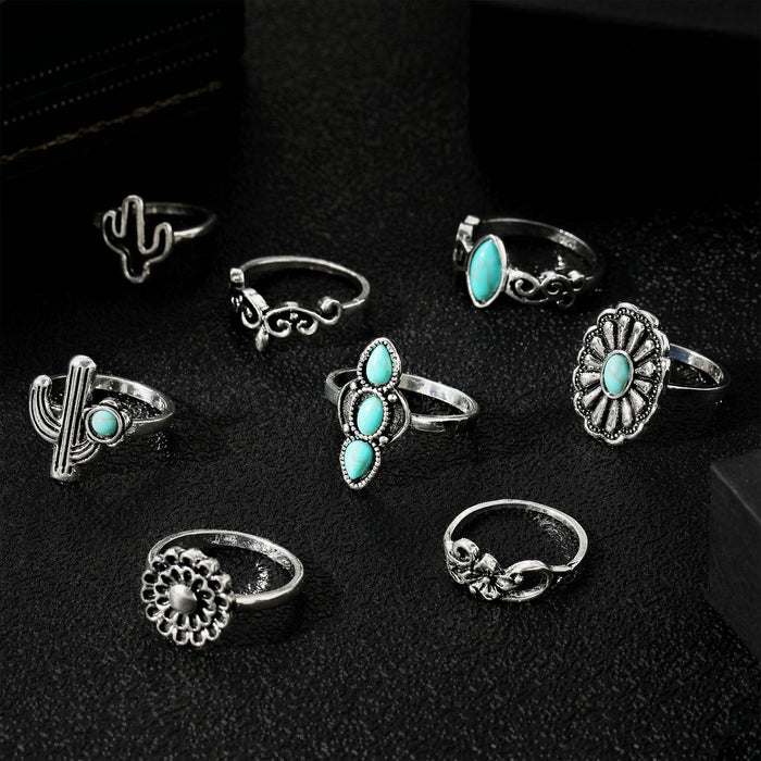 Wholesale Retro Turquoise Cactus Flower 8-Piece Set Rings
