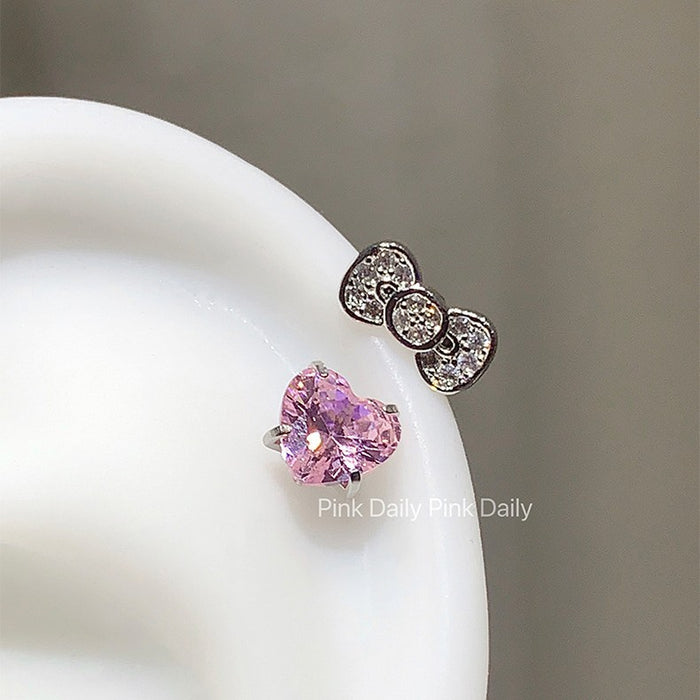 Wholesale  Cute  bow horseshoe ring pink love zircon titanium steel ear bone nail 1.2mm thick earrings