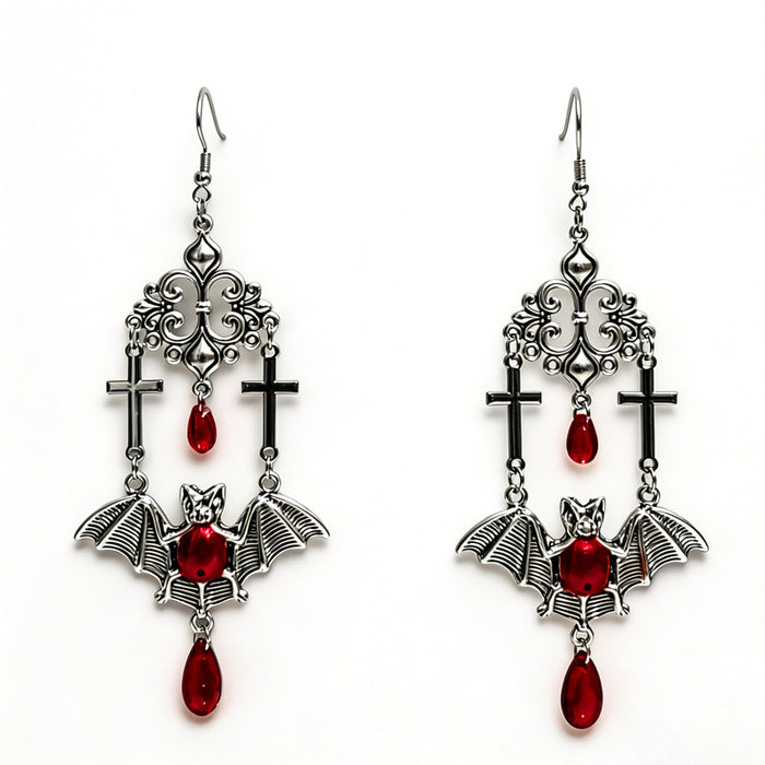Wholesale Gothic Bat Cross Drop Earrings Red Teardrop Beads Vampire Vintage Jewelry Accessory Party Gift
