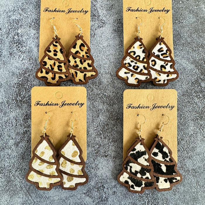 Wholesale Christmas tree leopard print horse hair earrings wood inlaid cowhide light western holiday gift
