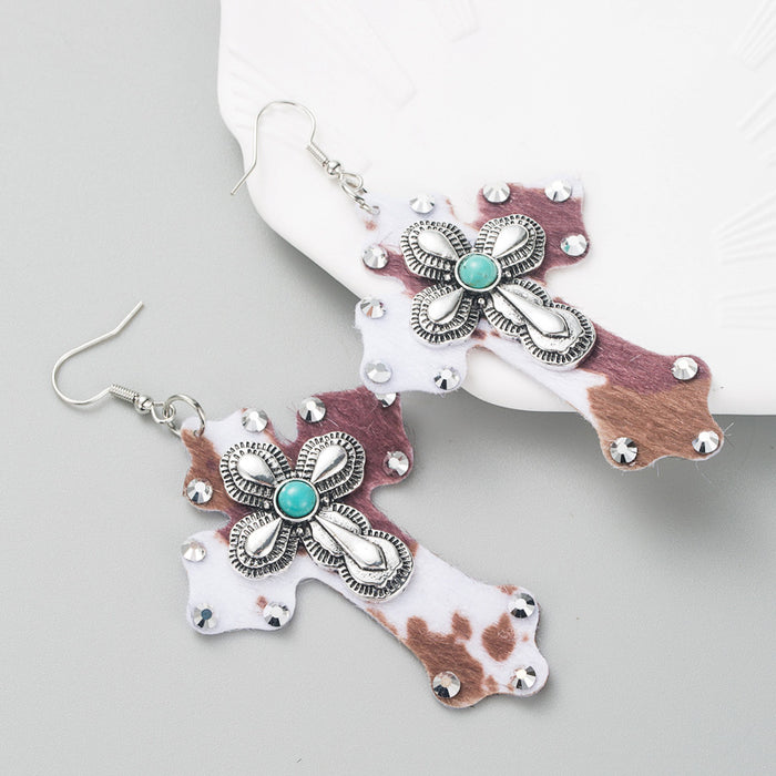 Wholesale Leopard print leather cross turquoise statement earrings