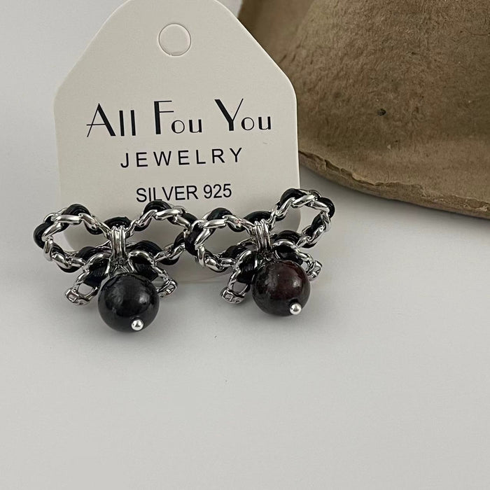 Wholesale Metal Leather Cord Black Pearl Bow Earrings JDC-ES-LuY001