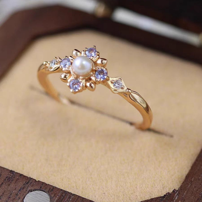 Wholesale Ring Natural Pearl Zircon Diamond Snowflake Versatile Light Luxury Ring