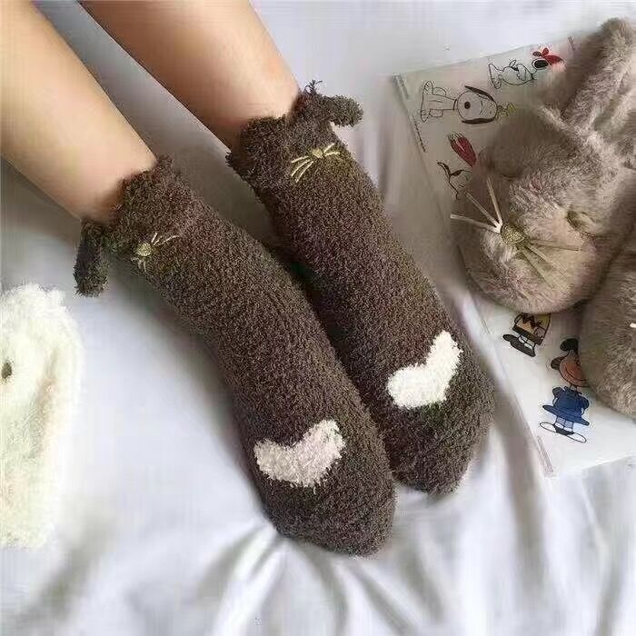 Wholesale Autumn and Winter coral fleece mid-calf length socks fleece-lined thickened floor socks cat ear home confinement socks