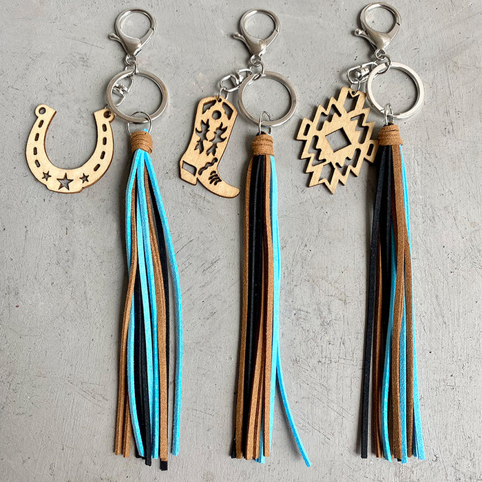 Wholesale 3pairs/pack Aztec Horseshoe Denim Wood Keychain JDC-KC-HeYi018