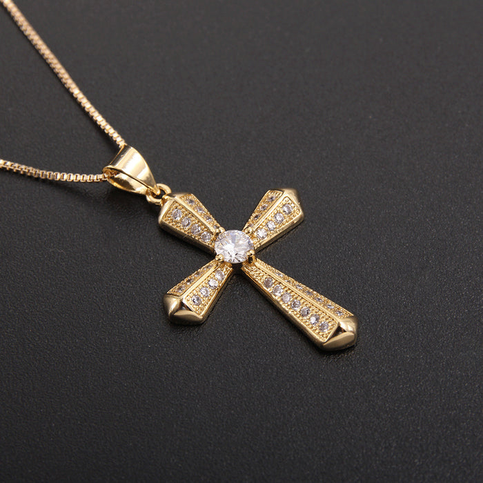 Wholesale Copper Gold Plated Micro-Inlaid Zirconia Cross Necklace JDC-NE-BaiTian009