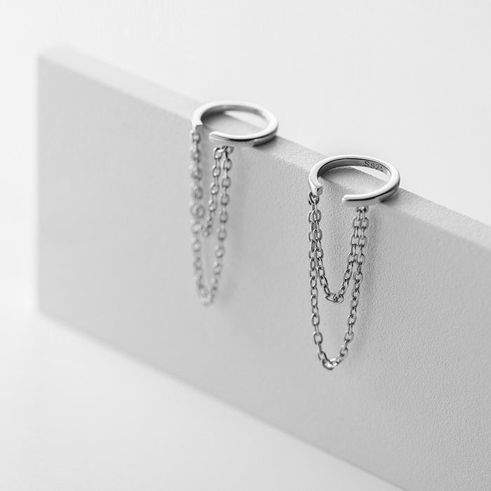 Wholesale Silver ear clip with smooth circular ring temperament, double-layer chain, compact tassel earrings