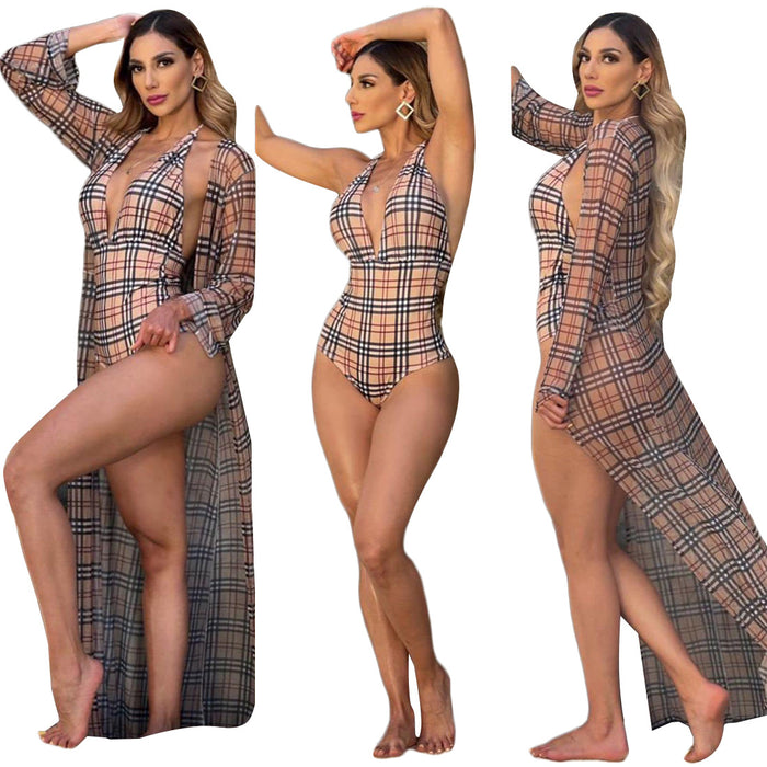 Wholesale Nylon Plaid Long Sleeved Cape Bikini Set JDC-SW-YouS001