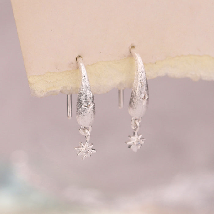 Wholesale Sparkling Diamond Brushed Water Drop Four Star Earrings with Personalized Design, Matte Zircon Cross Star Earhook, Star Star Earnail