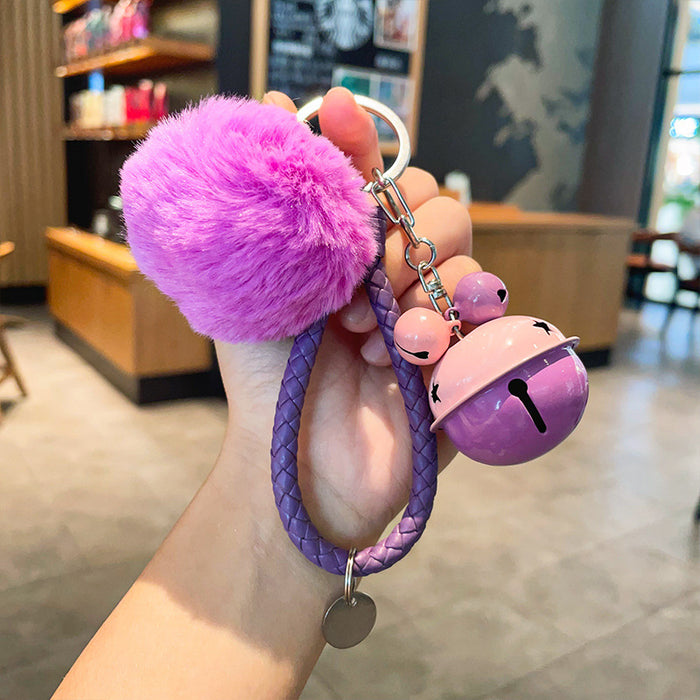 Wholesale Fur Ball Two-color Bell Leather Rope Keychain JDC-KC-YuanD003