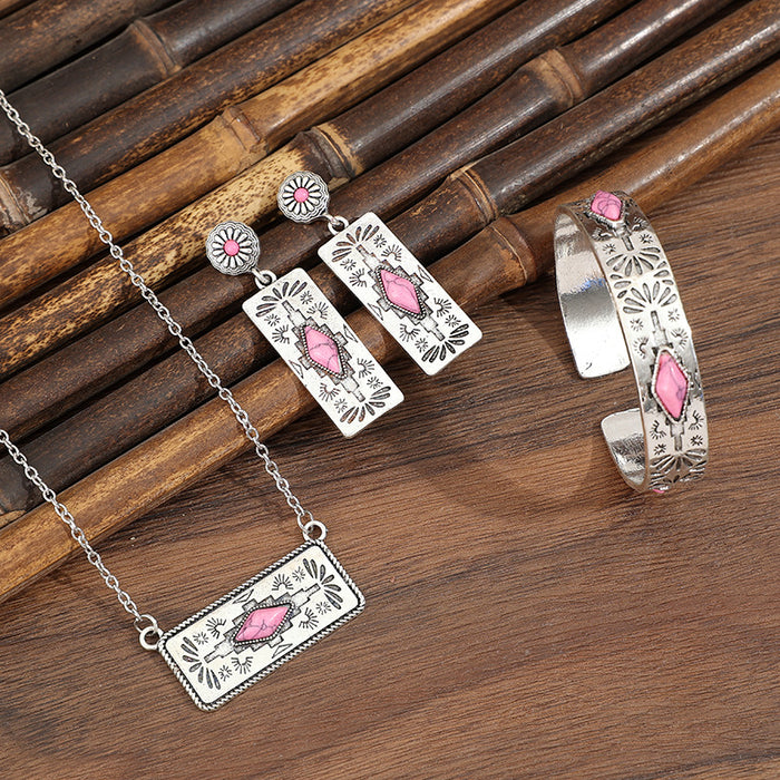 Wholesale Retro style pumpkin flower splicing geometric pink turquoise alloy set