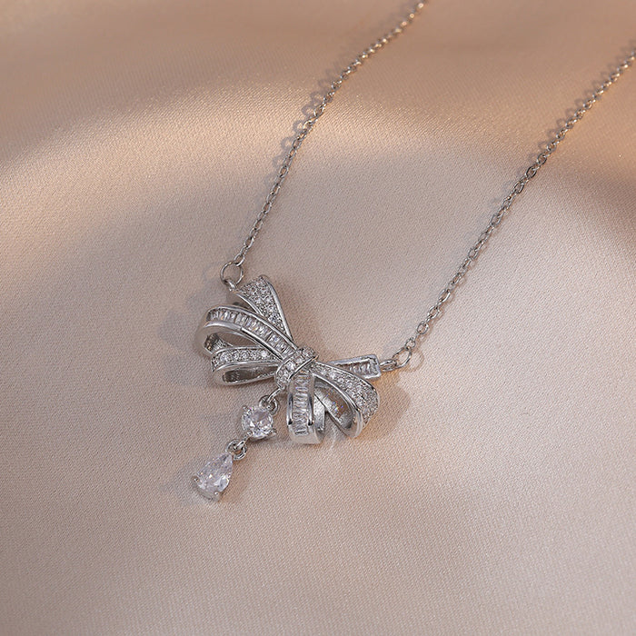 Wholesale Necklace, bow, square diamond, water droplet hollow out, full of diamonds, simple and niche design, collarbone chain