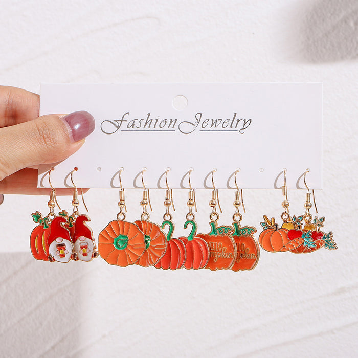 Wholesale Pumpkin Carrot Pendant Earring Set Printed Alloy Jewelry Accessory for Thanksgiving