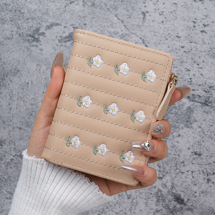 Wholesale Embroidered PVC Women' s Wallet Trendy Short Two-Fold Card Coin Purse