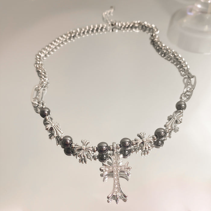 Wholesale Small niche design titanium steel zircon cross splicing necklace, sweet and versatile sweater chain