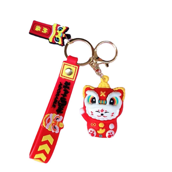 Wholesale Cartoon National Fashion Lion Dance Lucky Cat Keychain Pendant Chinese Red Couple Doll Small Pendant Personalized Car Pendant