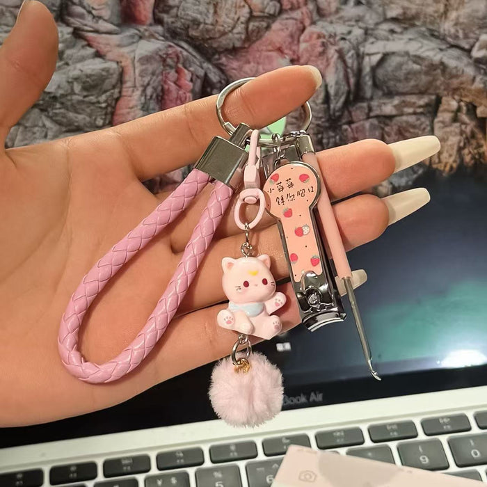Wholesale Trendy Cute Cartoon Keychain Set Stainless Steel Ear Pick Nail Clipper Best Friend Couple Gift Bag Charm Accessory