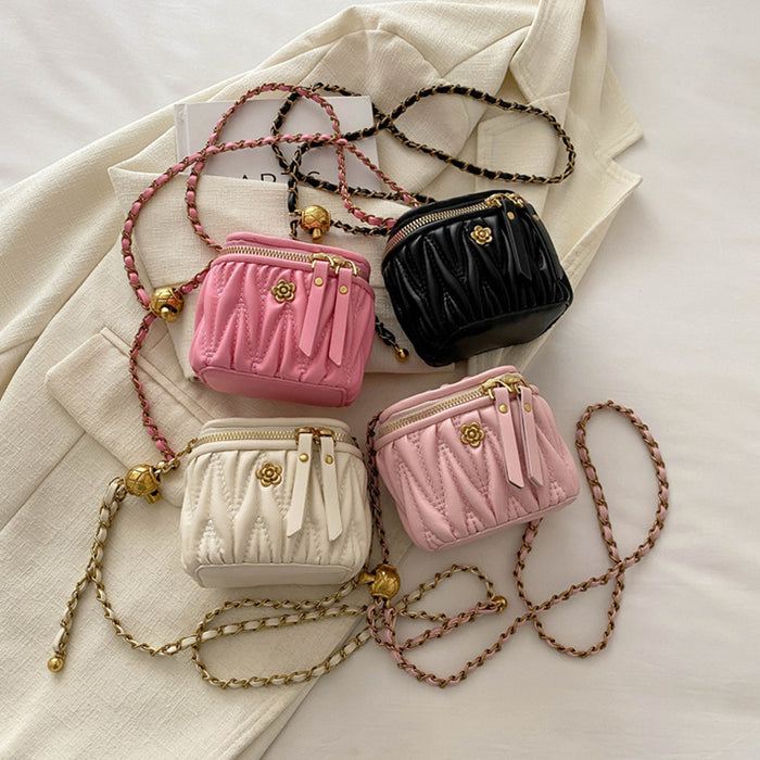 Wholesale Children's bag, diamond grid chain bag, camellia pleated bucket bag, girls' mini crossbody bag