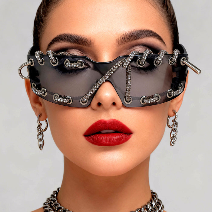 Wholesale Cyberpunk Rimless Rhinestone Sunglasses with Metal Rings and Rivets