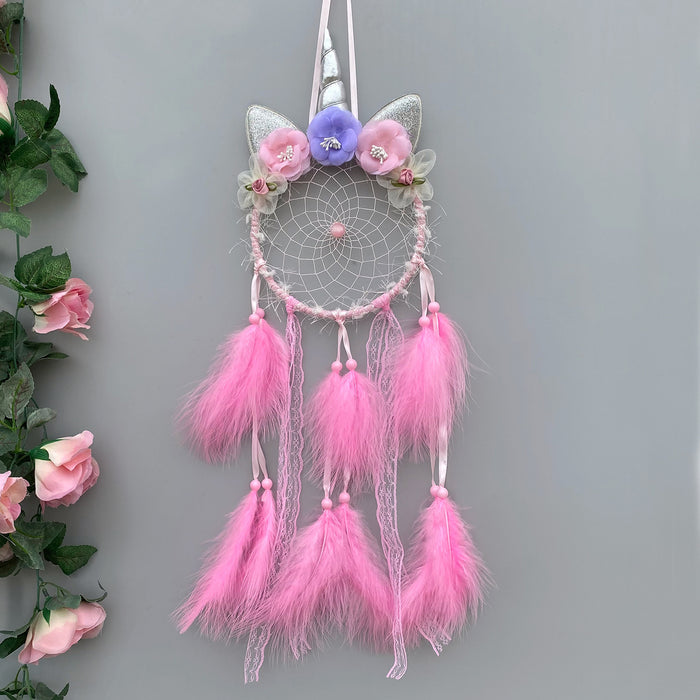 Wholesale Cat Head Dreamcatcher Hanging Ornament Handmade Pink Feather Decor MOQ≥2