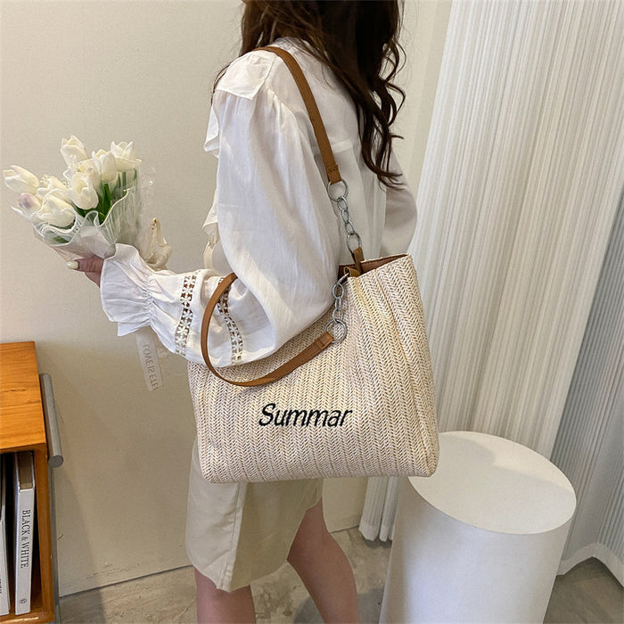 Wholesale Large capacity fashionable woven letter tote bag, trendy casual commuting shoulder bag