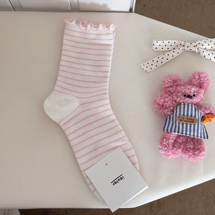 Wholesale Curled striped socks, mid tube socks, boneless socks, cotton socks