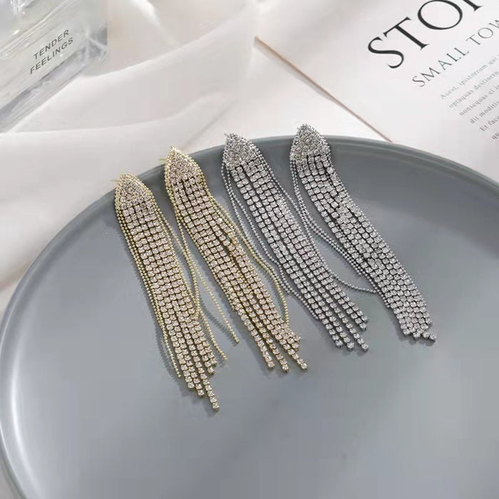 Wholesale  Long Tassel Geometric Triangle Full Drill Earrings Ear Clips S9225 Needle