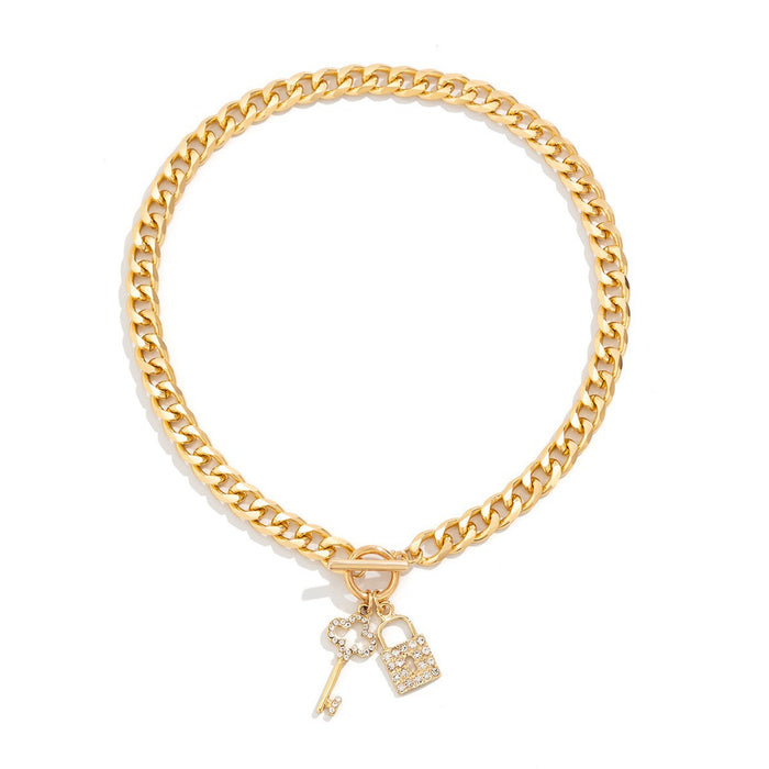 Wholesale Metal heart necklace, fashionable diamond studded lock pendant, collarbone chain