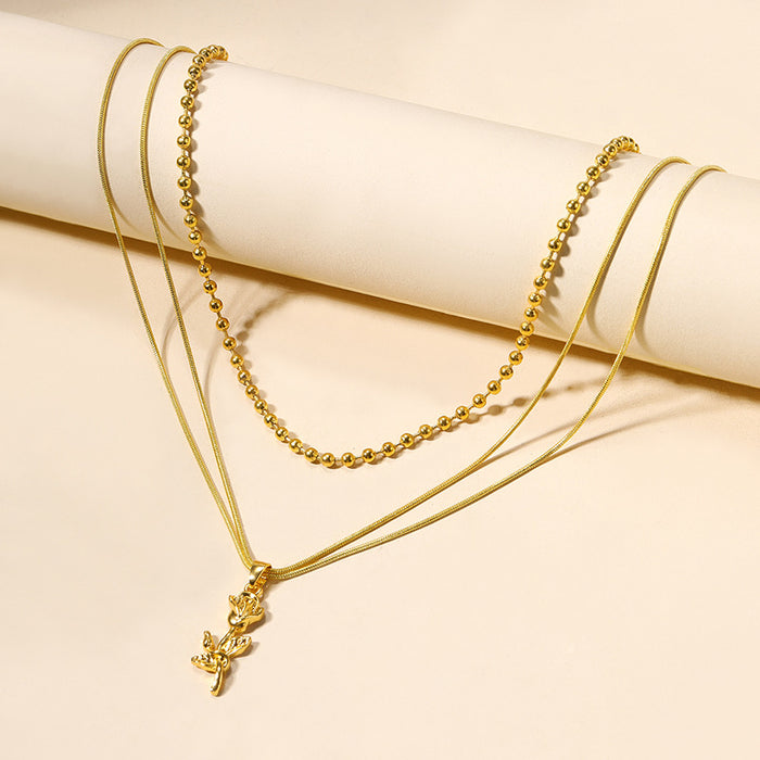 Wholesale Exaggerated jewelry, fashionable rose flower pendant, high-end feeling bead chain, two-layer necklace jewelry