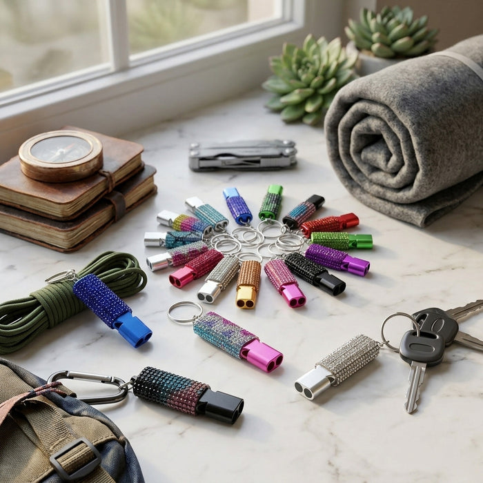 Wholesale Trendy Aluminum Alloy Whistle Keychain Double Tube Self Defense With Rhinestone Accent For Outdoor Survival Fashion Accessory