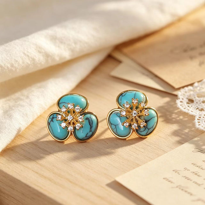 Wholesale Vintage Style Turquoise Inlaid Floral Earrings Copper Gold Plated Fashion Accessory