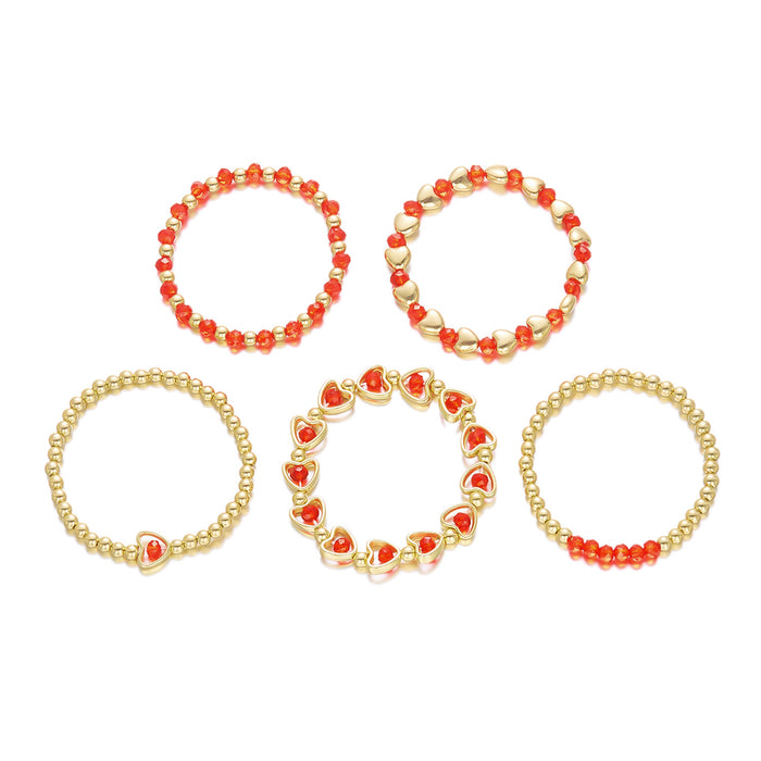Wholesale Five-piece red heart-shaped crystal bead bracelet set for Valentine' s Day.