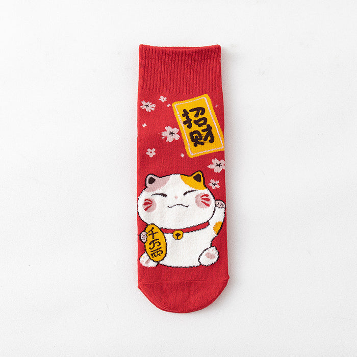 Wholesale Socks for men and women mid-tube socks cotton bottom festive red stockings new year gift lucky cat socks