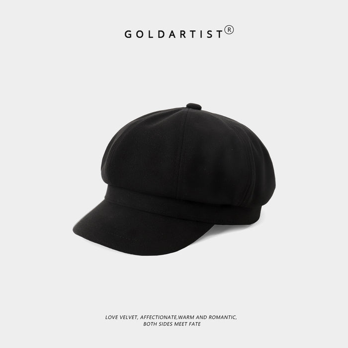 Wholesale Autumn and winter black beret women's big head circumference octagonal hat retro versatile