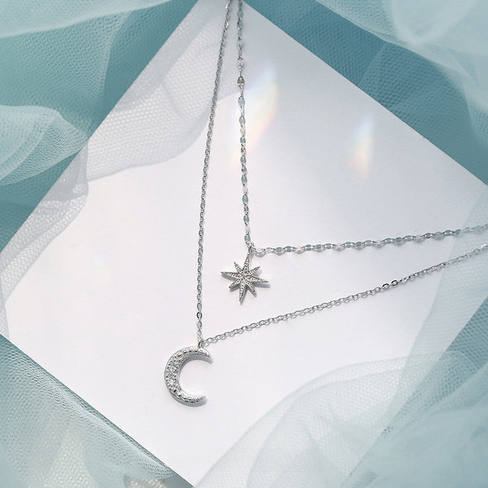 Wholesale Silver Flash Diamond Star Moon Double-Layer Necklace