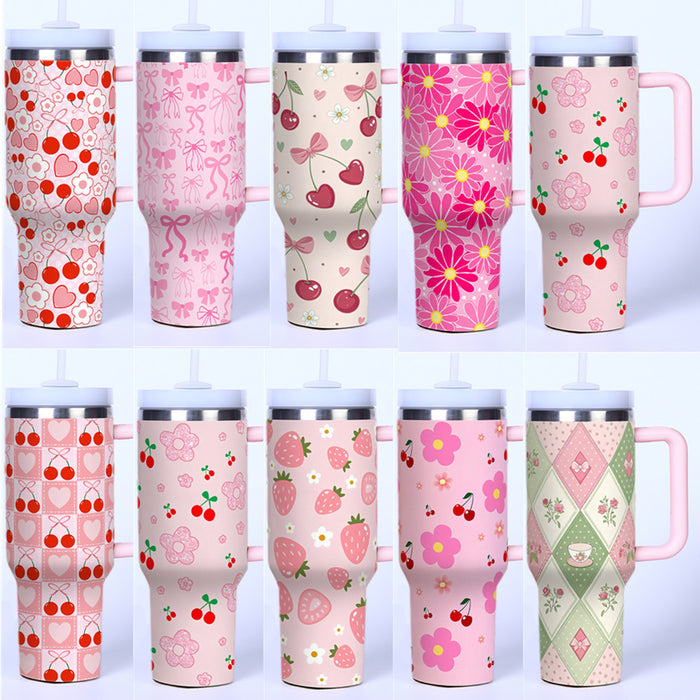 Wholesale Cross-Border 40oz Second Generation Car Cup Large Capacity Cup Cold Stainless Steel Thermos Cup Outdoor Cherry Strawberry Ice Cup