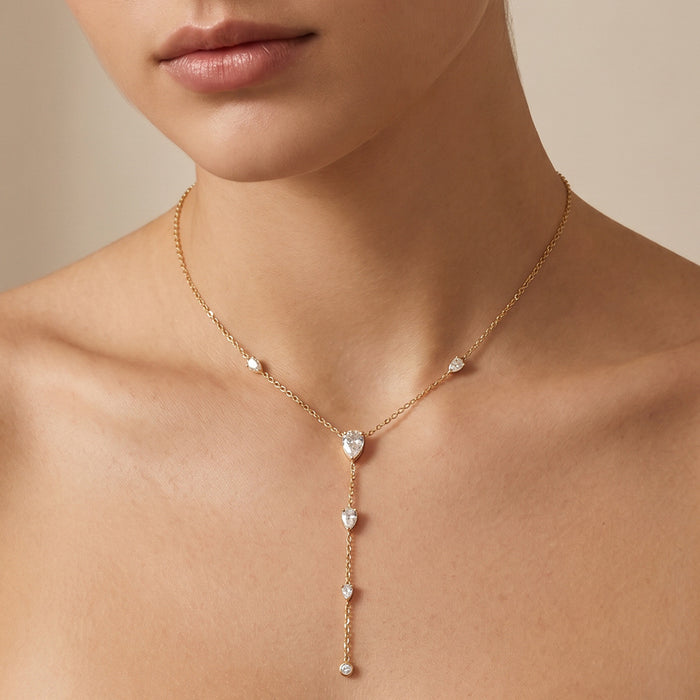 Wholesale Stainless Steel Y Shaped Necklace Gold Zircon Drop Tassel Fashion Jewelry Accessory
