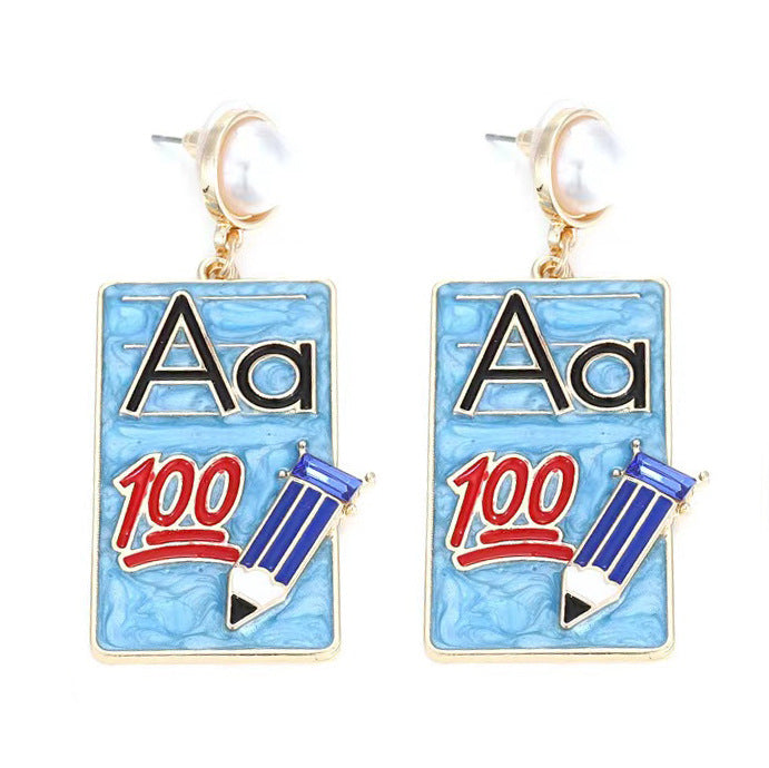 Wholesale dripping oil Alloy Digital letter geometric pencil book earrings for women