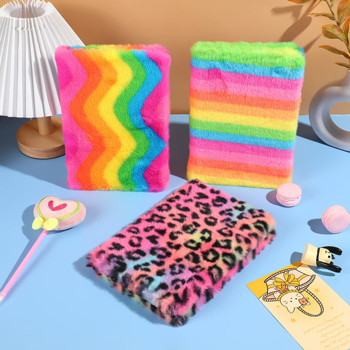 Wholesale Cartoon Creative Cute Plush Notebook Rainbow Leopard Print Student Notepad Internet Popular Girl Heart Princess Hand Account Book