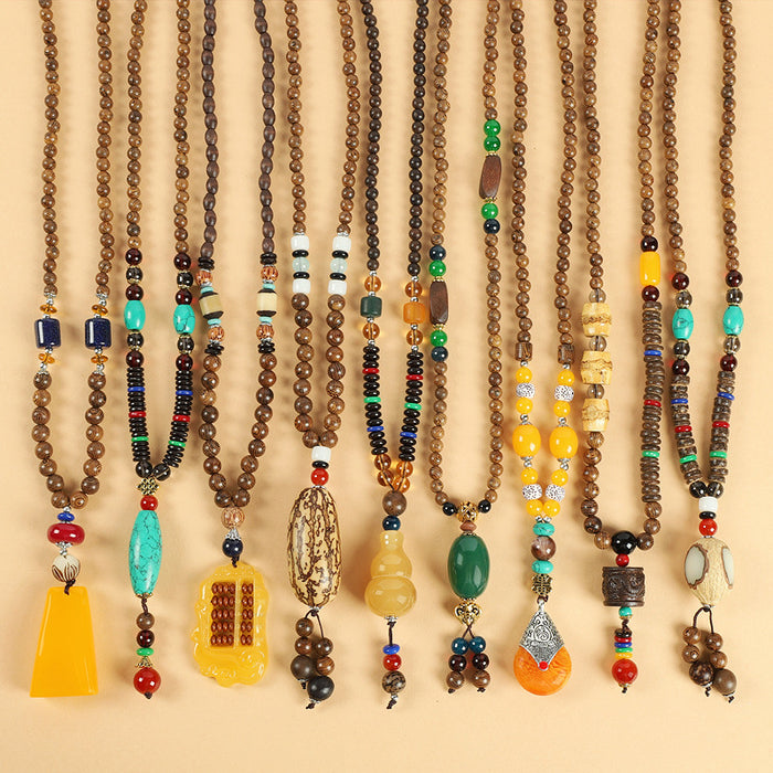 Wholesale Long Cotton and Linen Accessories Wooden Pendant Buddhist Beads Necklace JDC-NE-Luox003