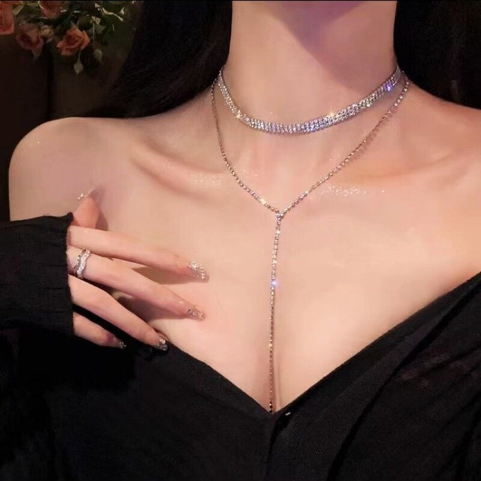 Wholesale Full diamond multi-layer layered necklace, collarbone chain, women's sweater chain, tassel
