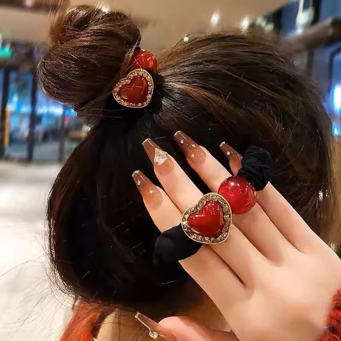 Wholesale All-match Red Love Small Intestinal Hair Loop Women' s Ball Head Peyponytail Hair Rope Headwear