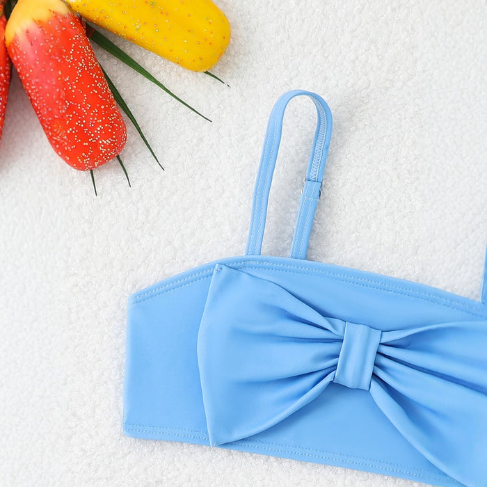 Wholesale New girls' two-piece swimsuit with bow tie suspender skirt style