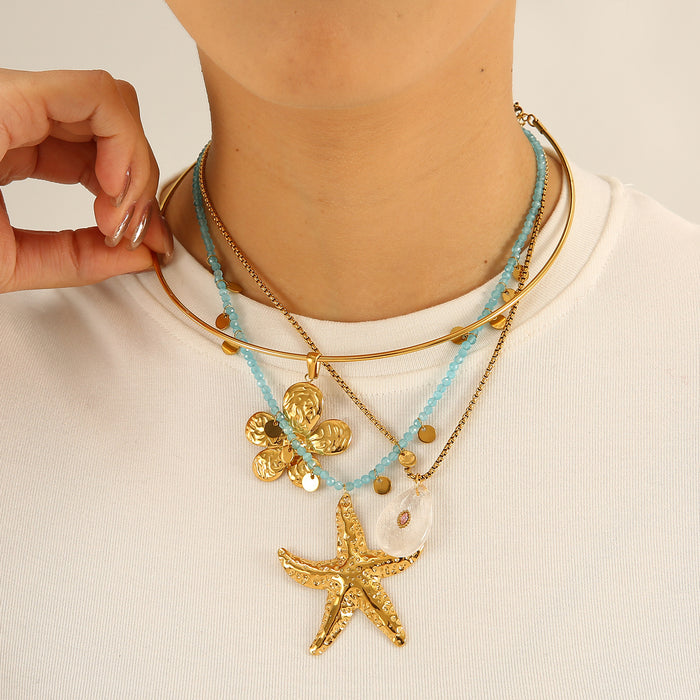 Wholesale New Fashion Stainless Steel Flower Necklace Natural Stone Starfish Accessories Color Preserving Wholesale