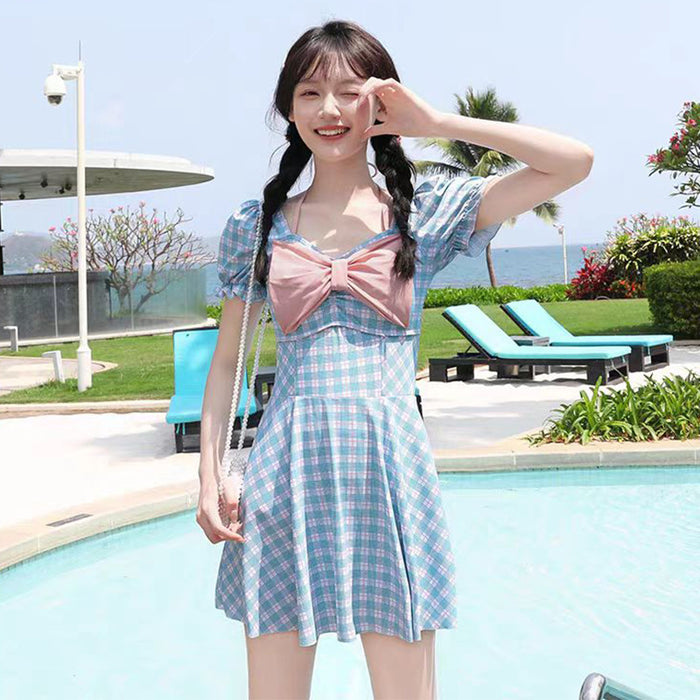 Wholesale Swimsuit women's one-piece skirt style retro checkered hot spring swimsuit