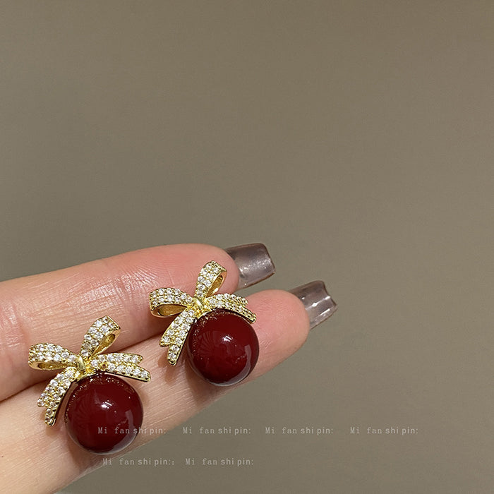 Wholesale Full Diamond Bow Pearl Earrings Female