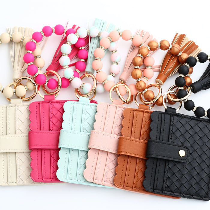 Wholesale Silicone Bracelet Woven Plaid Stripe MAMA Leather Wallet Bracelet Keychain JDC-KC-NuoYi022