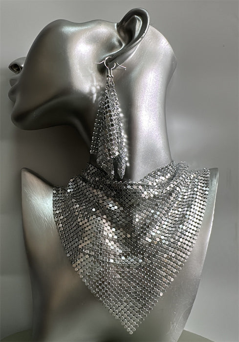 Wholesale Triangle scarf sequin silk scarf necklace set with exaggerated personality collarbone necklace earrings pendant