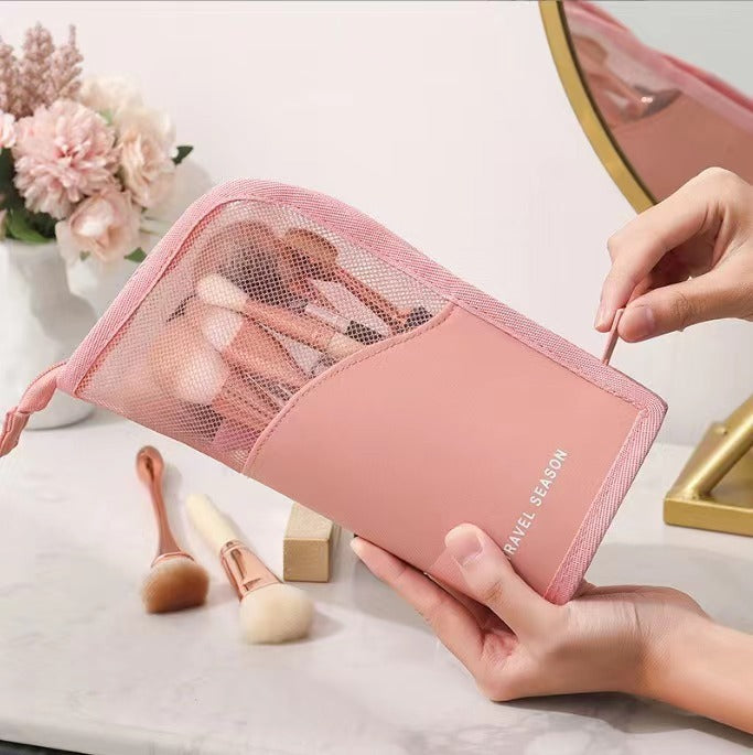 Wholesale Stylish Pink Polyester Mesh Cosmetic Bag Large Capacity Travel Makeup Organizer
